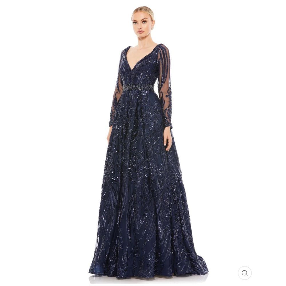 Mac Duggal Long Sleeve Embellished Evening Gown Midnight 18 Plus Size 67113